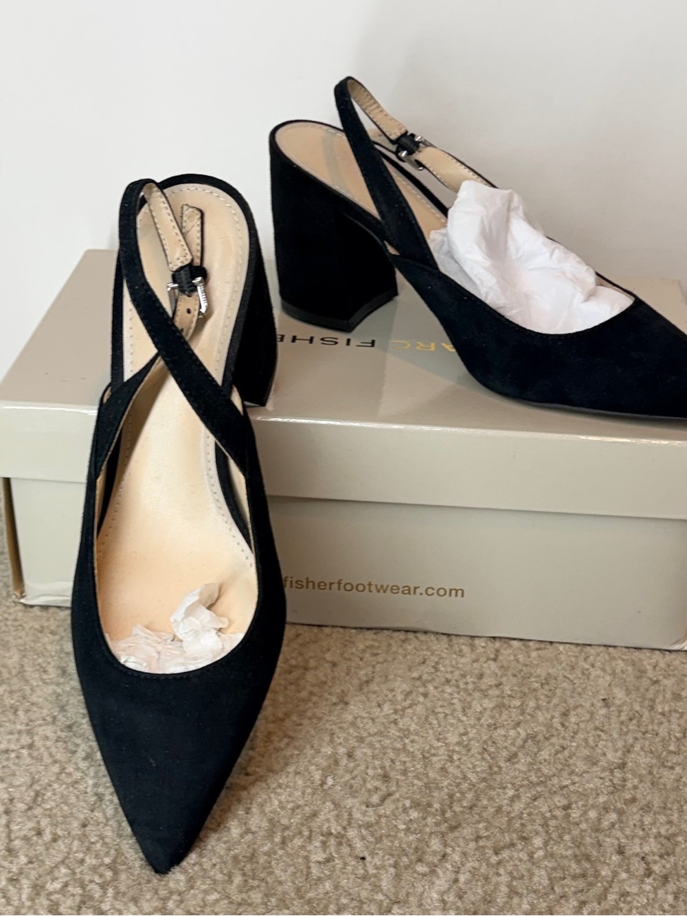 Marc Fisher Black Suede Slingback Pointed Toe Block Heel Buckle Pumps 7M